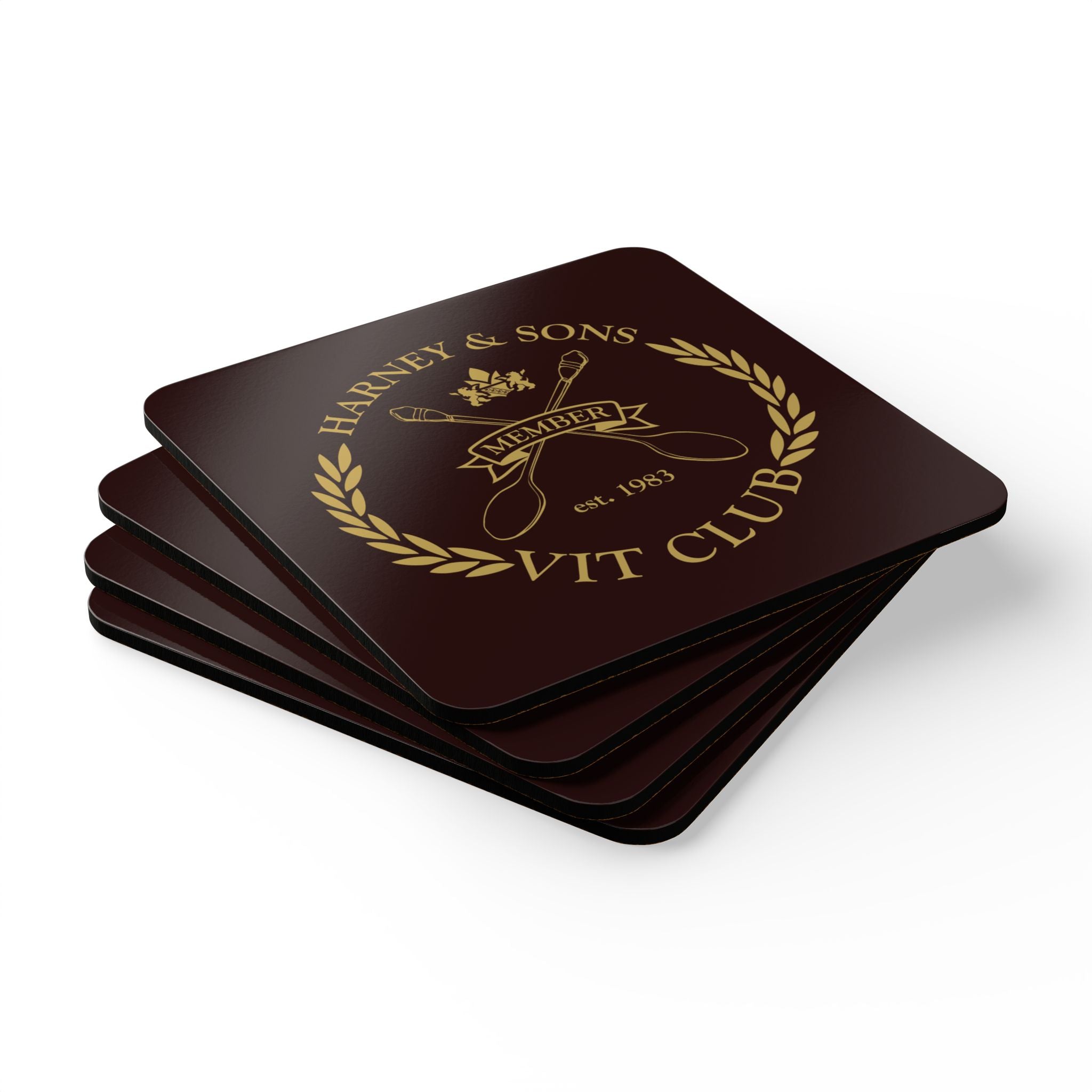 VIT Club Corkwood Coaster Set featuring a gold emblem and elegant design, perfect for stylish drink protection.