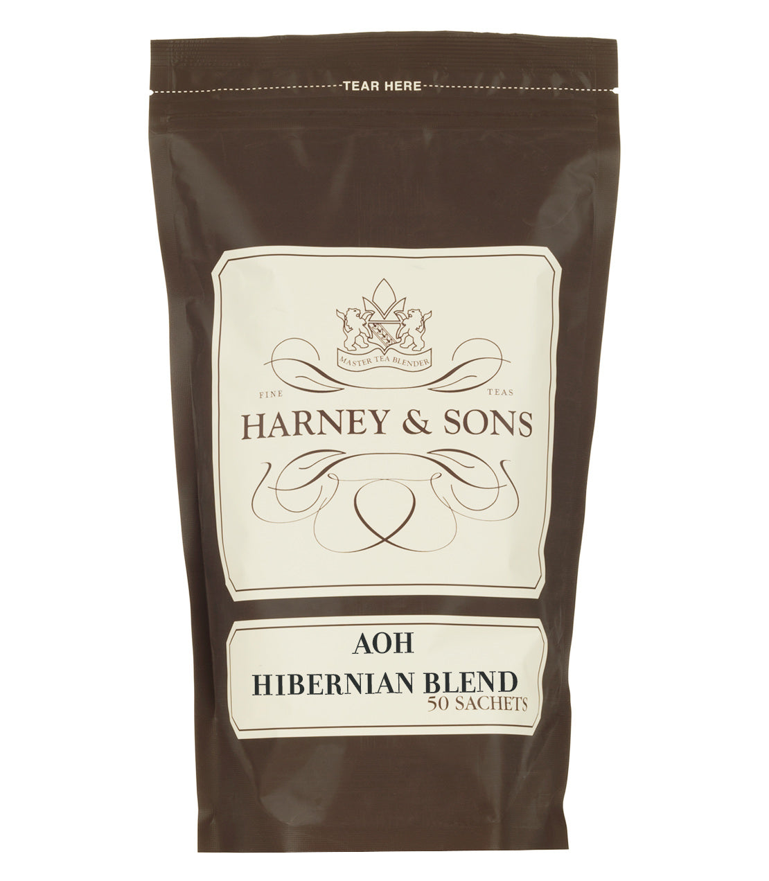Harney & Sons AOH Hibernian Blend tea bag package, featuring 50 sachets in a brown bag.