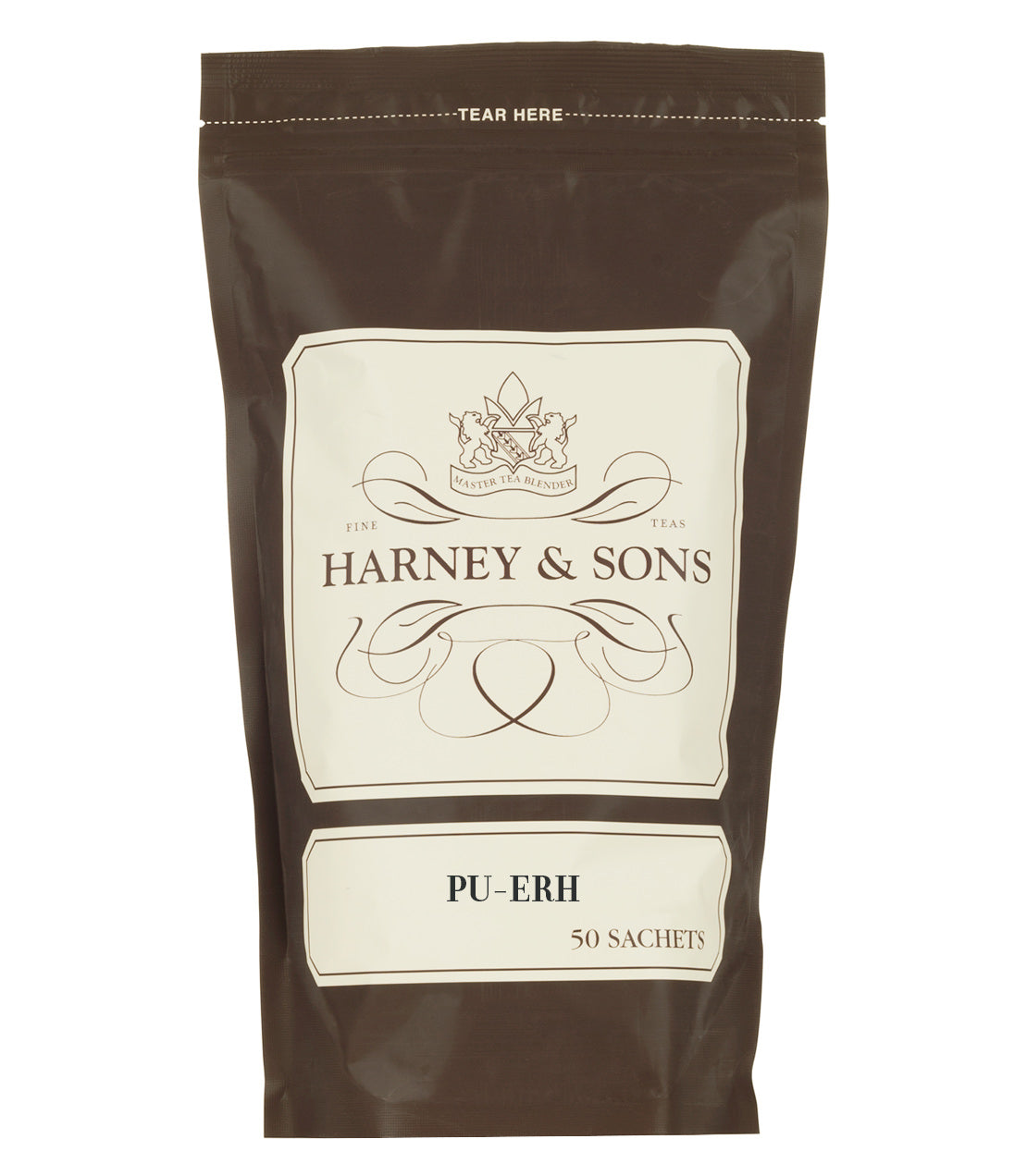 Pu-Erh tea sachets by Harney & Sons in a brown resealable bag, featuring 50 individual tea bags.