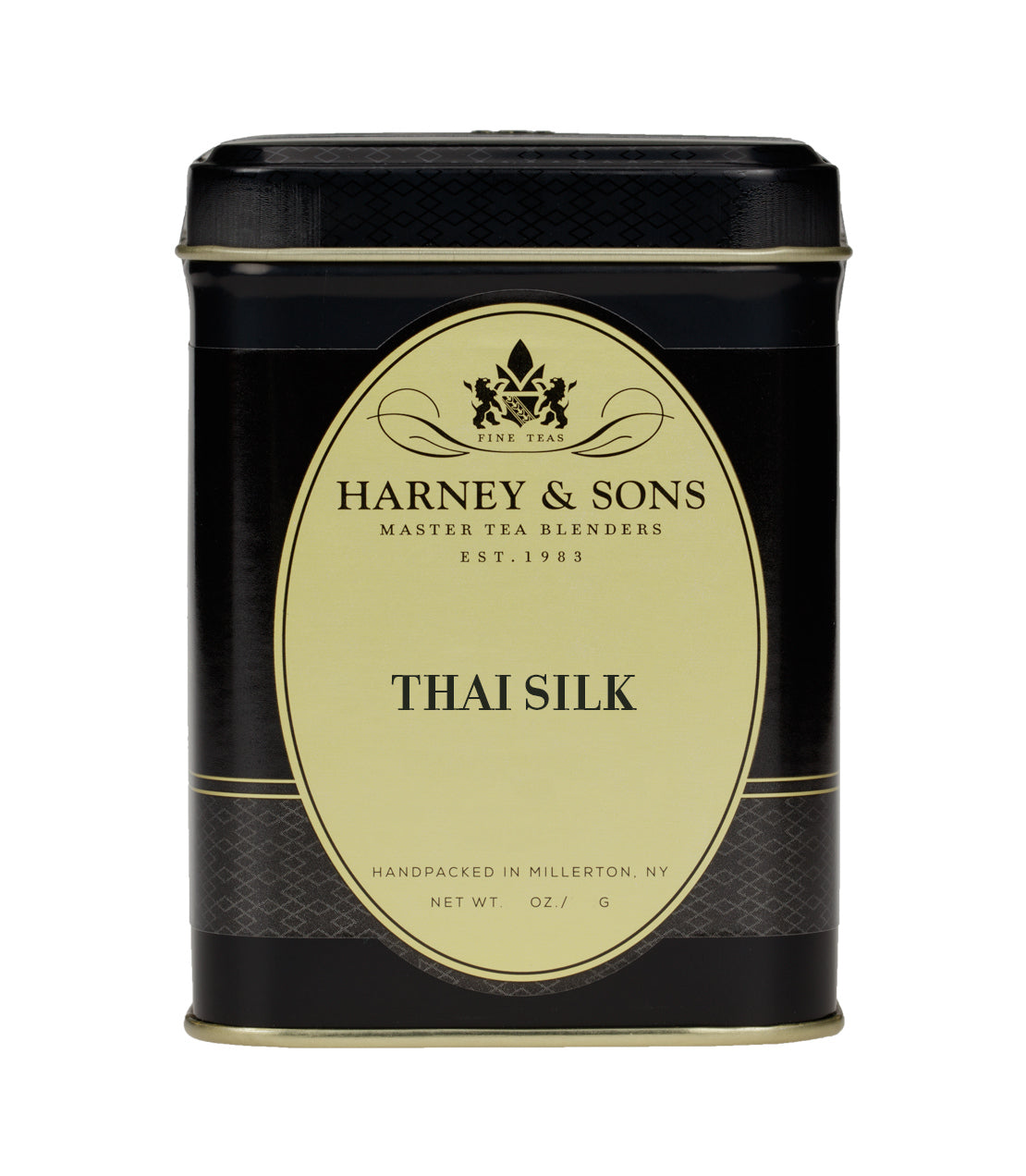 Elegant black tea tin labeled "Thai Silk" by Harney & Sons, featuring a gold emblem and fine tea details.