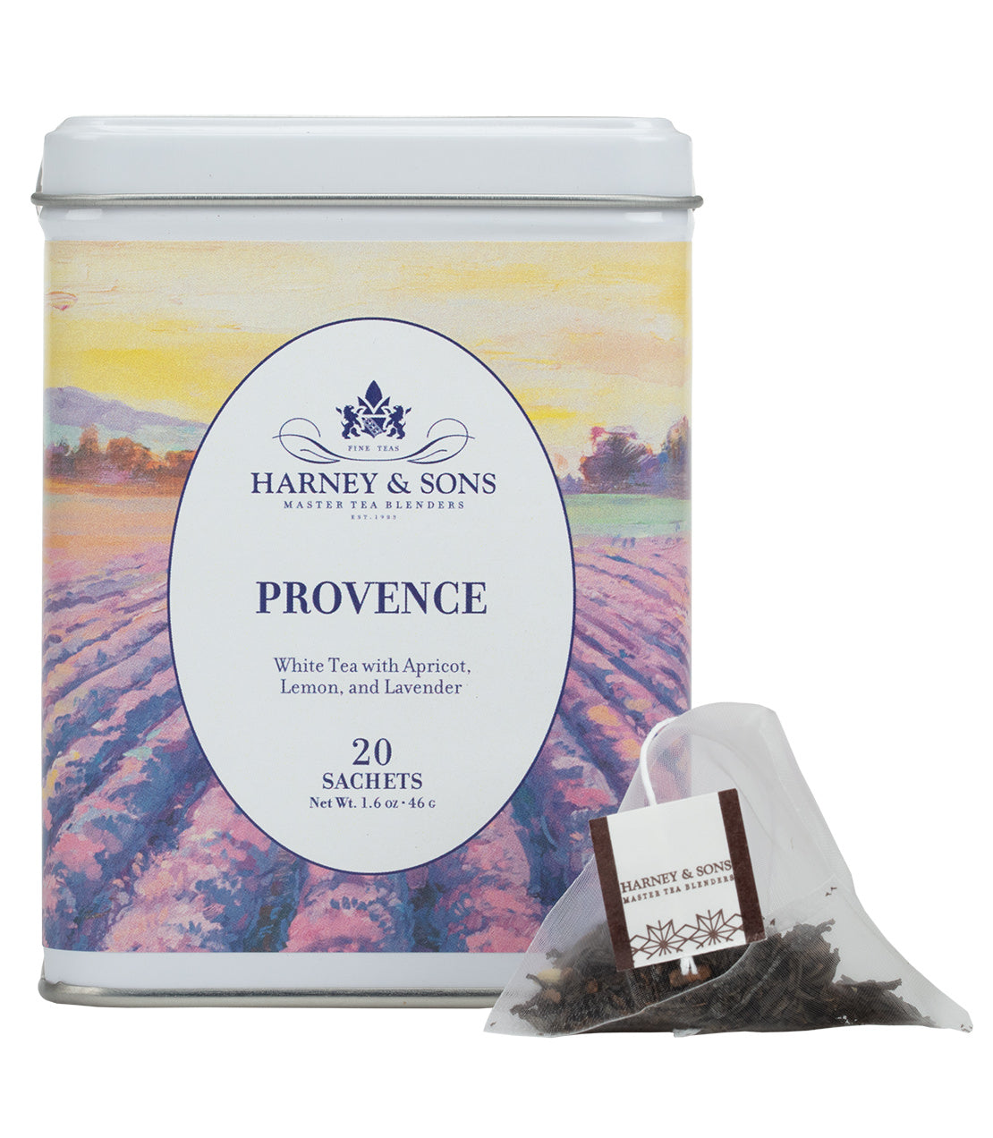 Harney & Sons Provence tea tin with 20 sachets, featuring white tea blend of apricot, lemon, and lavender.