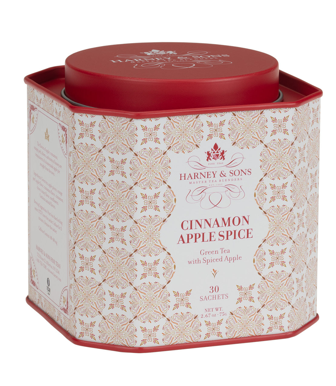 Harney & Sons Cinnamon Apple Spice tea tin, featuring 30 sachets of green tea with spiced apple flavor.