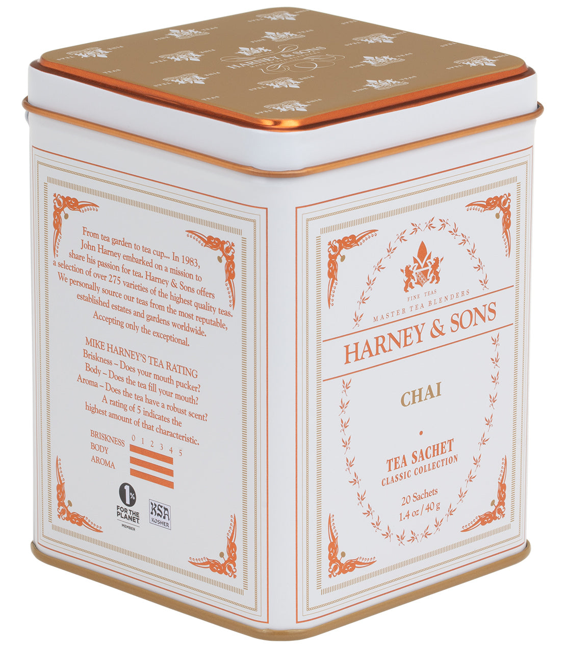 Classic tin of Harney & Sons Chai tea sachets, featuring elegant design and 20 individual servings.