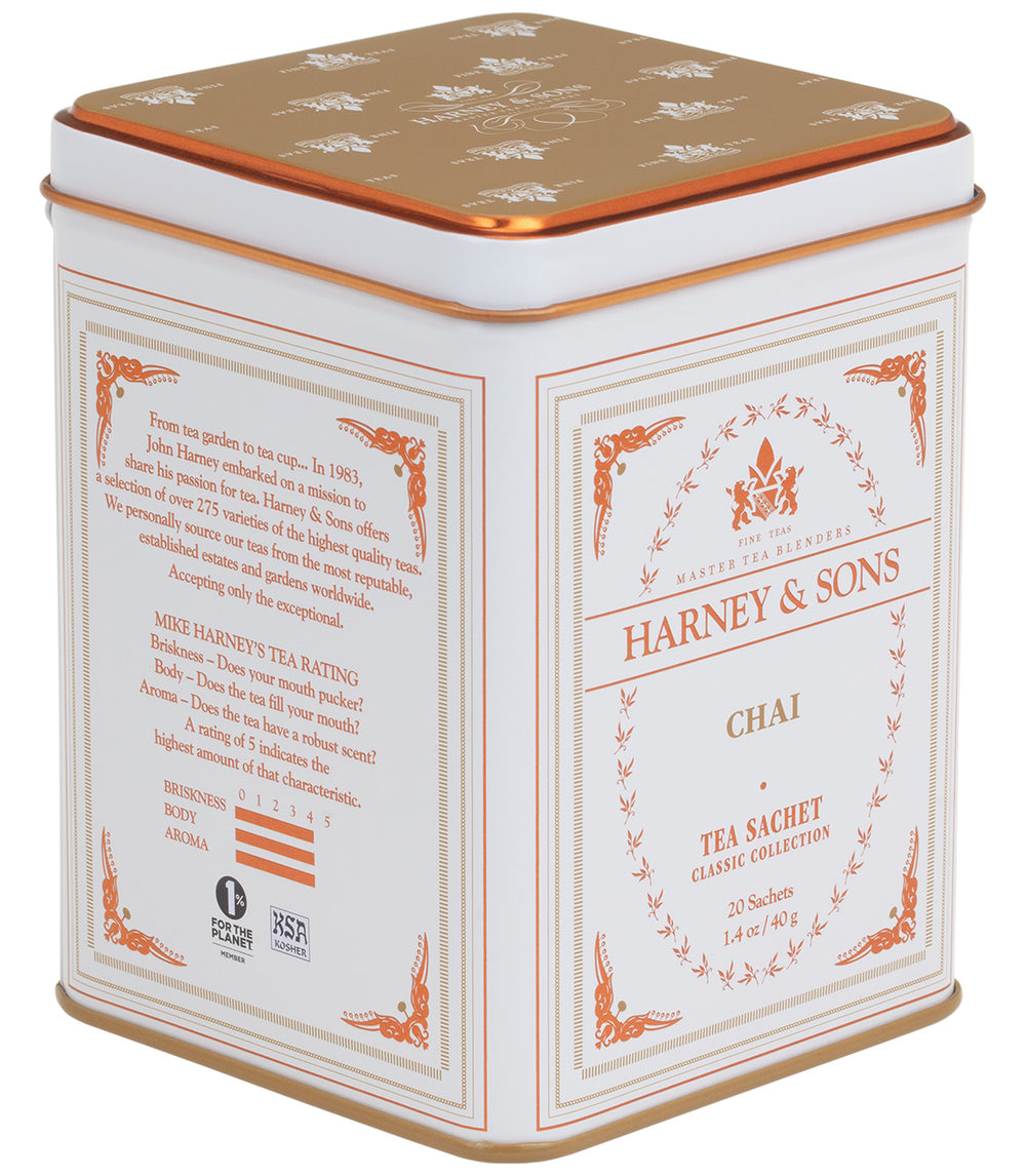 Harney & Sons Chai tea sachet tin, featuring elegant design and 20 tea sachets for a classic chai experience.