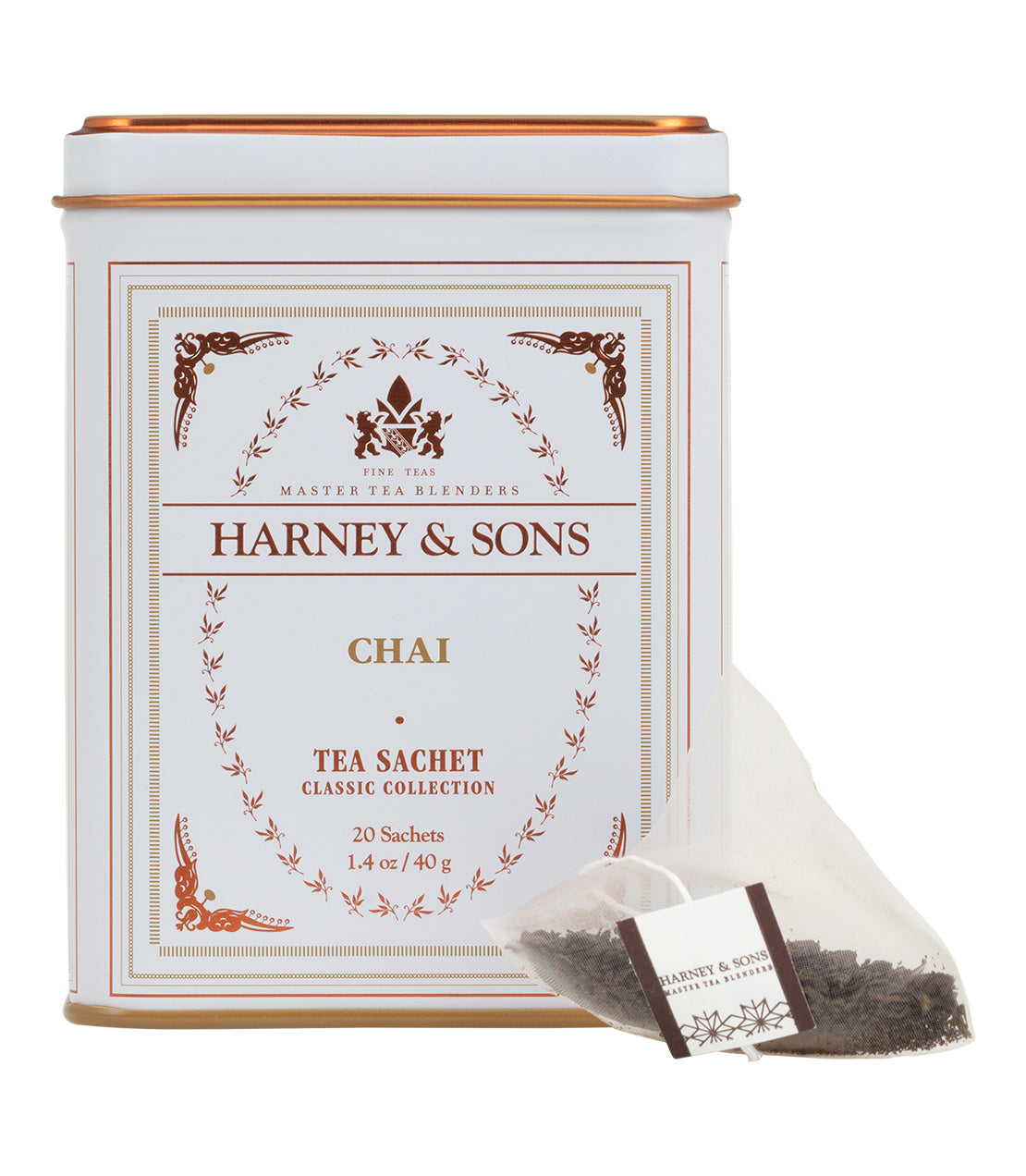 Classic tin of Harney & Sons Chai tea sachets, containing 20 individual sachets for brewing flavorful tea.