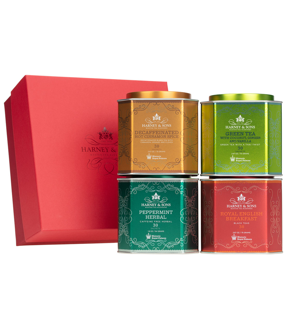 Four tea tins in a gift box, featuring Decaffeinated, Green, Peppermint Herbal, and Royal English Breakfast teas.