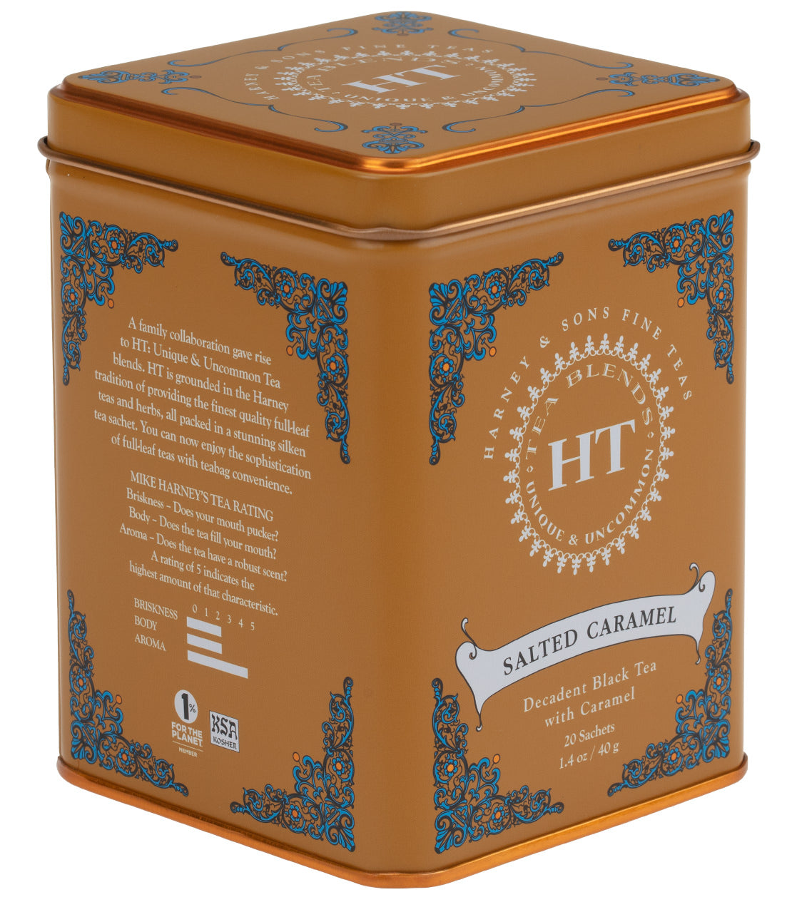 HT Salted Caramel tea tin with 20 sachets, featuring elegant design and rich caramel flavor.