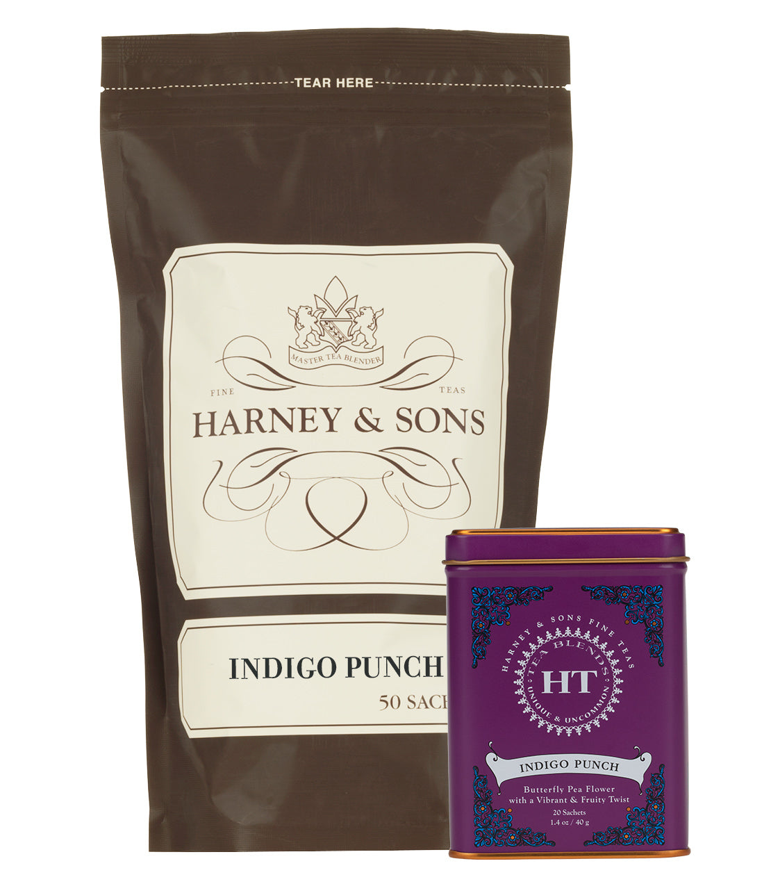 Harney & Sons Indigo Punch Lover Bundle featuring a bag of 50 sachets and a decorative tin.