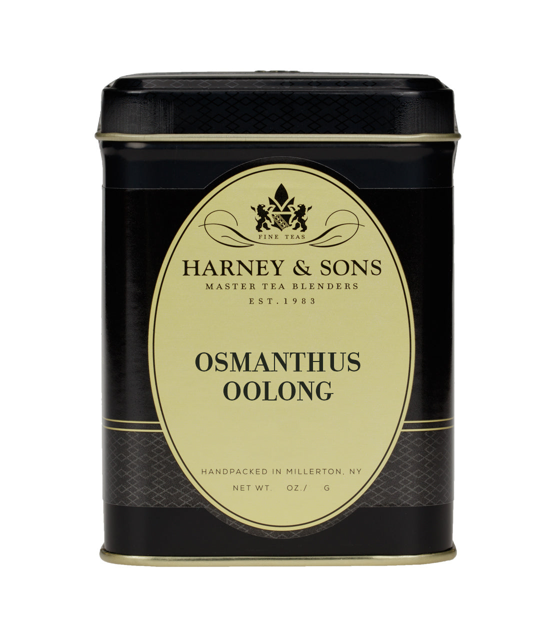 Elegant black tea tin labeled "Osmanthus Oolong" by Harney & Sons, featuring a gold emblem and details.