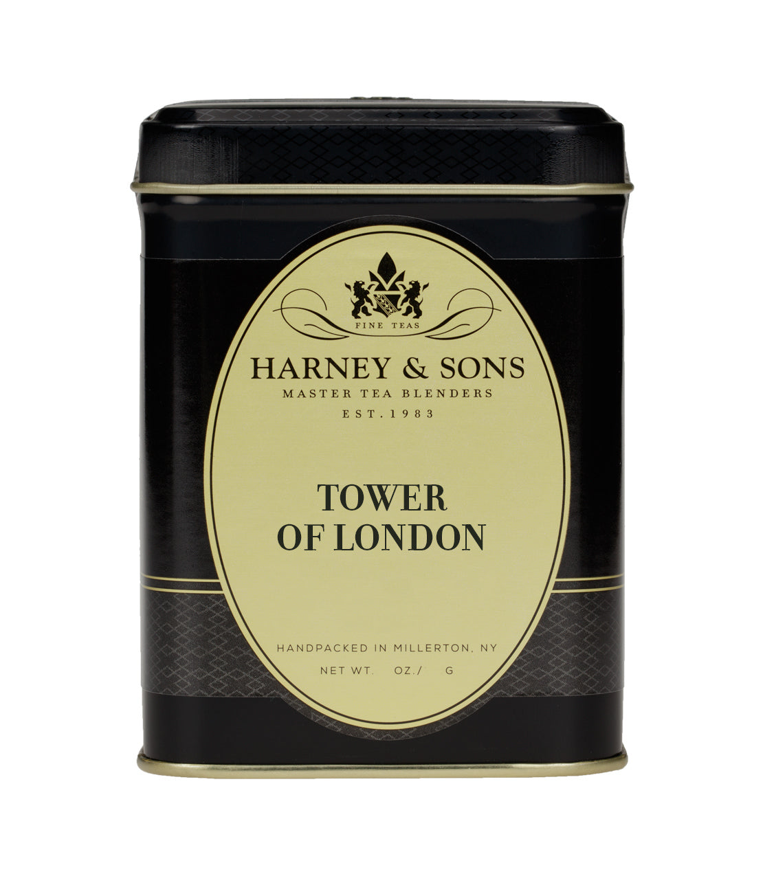 Black tea tin labeled "Tower of London" by Harney & Sons, featuring elegant design and gold accents.