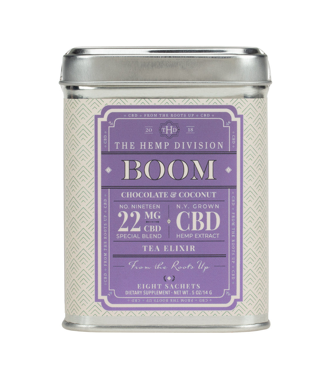 Boom 8 CT Sachets in Chocolate & Coconut flavor, featuring 22 MG hemp extract, in a decorative tin.