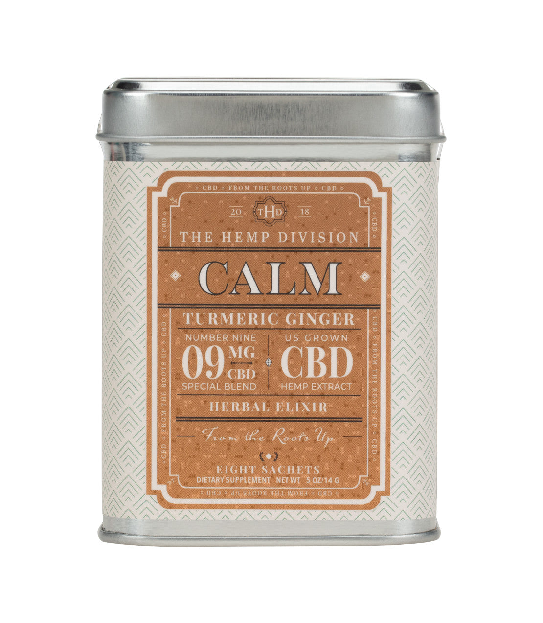 Calm Turmeric Ginger herbal elixir tin with 9 MG CBD, featuring eight sachets for dietary supplementation.