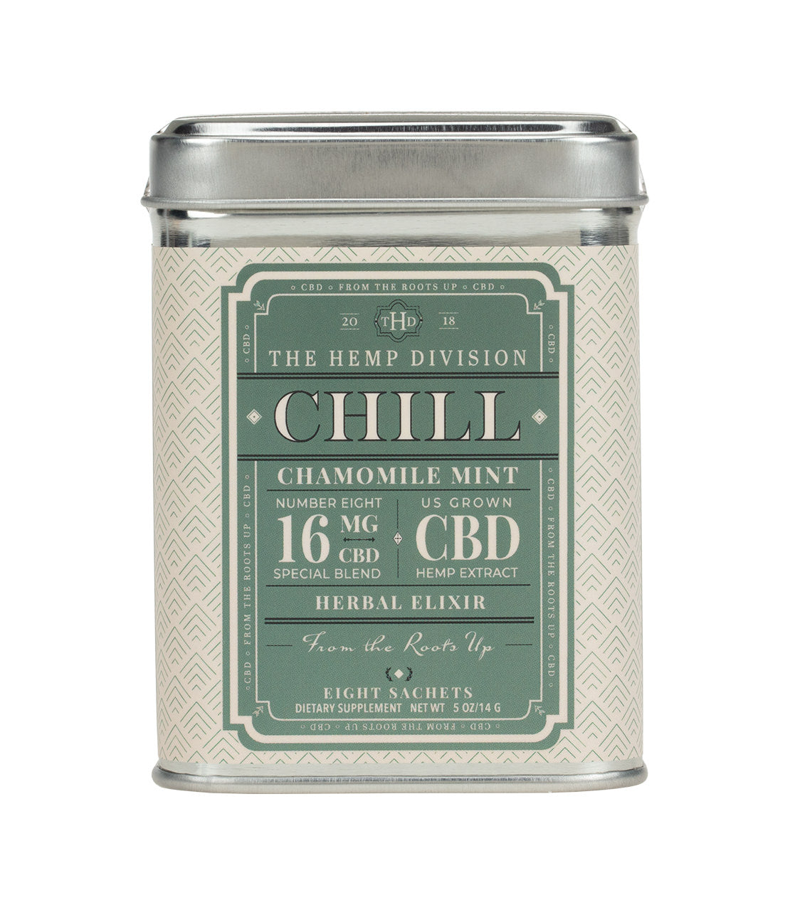 Chamomile Mint Chill herbal elixir tin with 8 sachets, featuring 16 mg CBD per serving for relaxation.