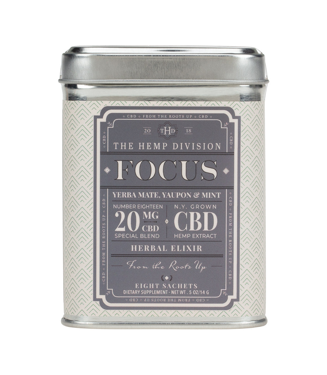 Focus 8 CT sachets featuring yerba mate, yaupon, and mint with 20 mg hemp extract for herbal wellness.