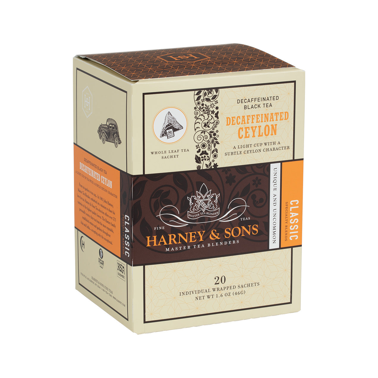Box of 20 individually wrapped sachets of Decaf Ceylon tea, featuring a light flavor and subtle character.