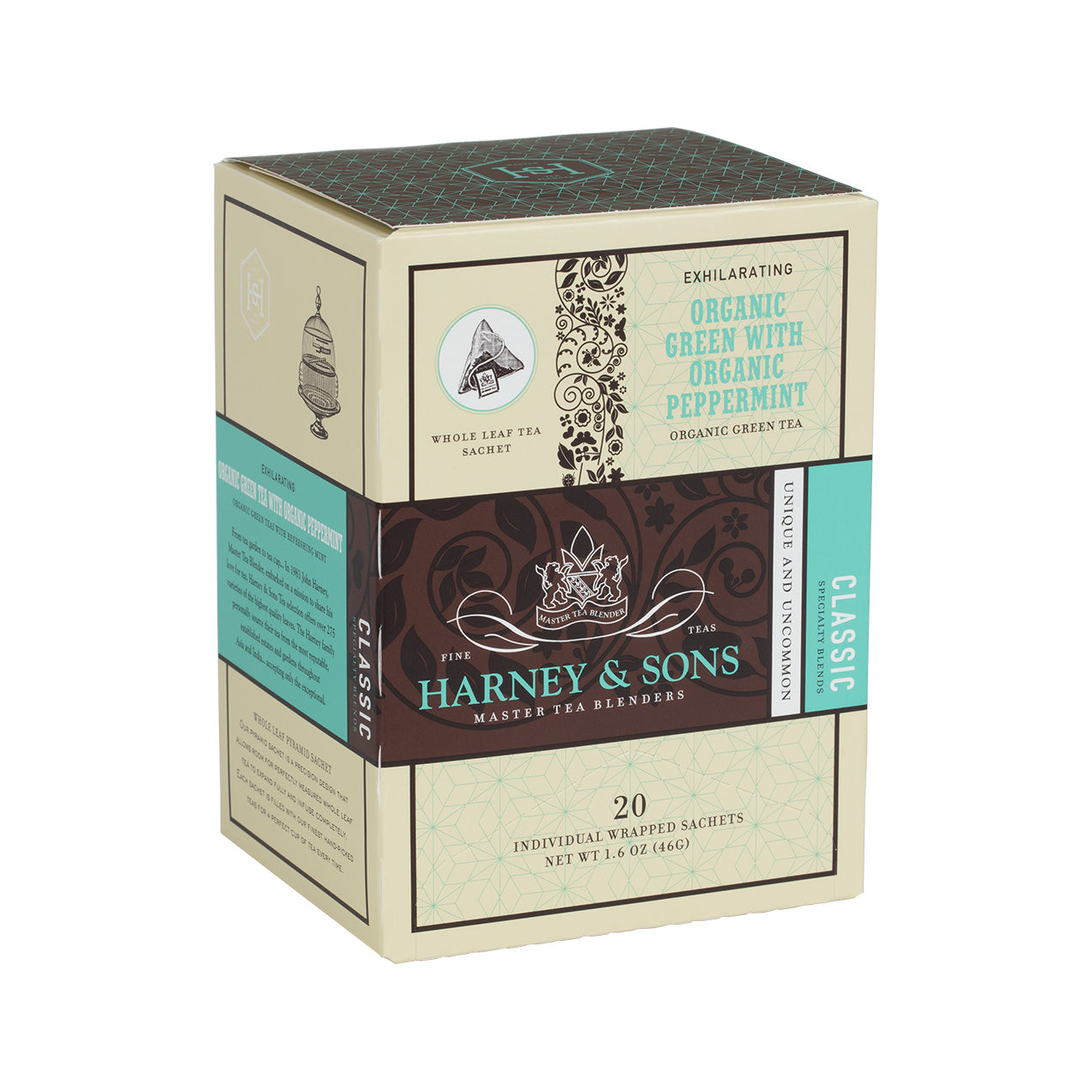 Box of 20 individually wrapped organic green tea sachets with peppermint, featuring elegant packaging design.
