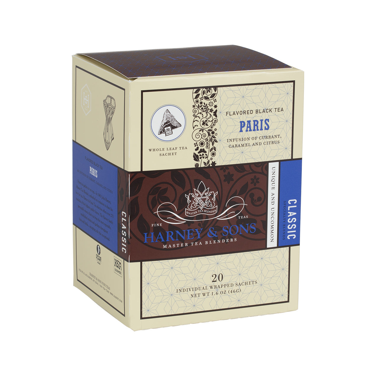 Box of 20 individually wrapped Paris flavored black tea sachets by Harney & Sons, featuring notes of currant, caramel, and citrus.