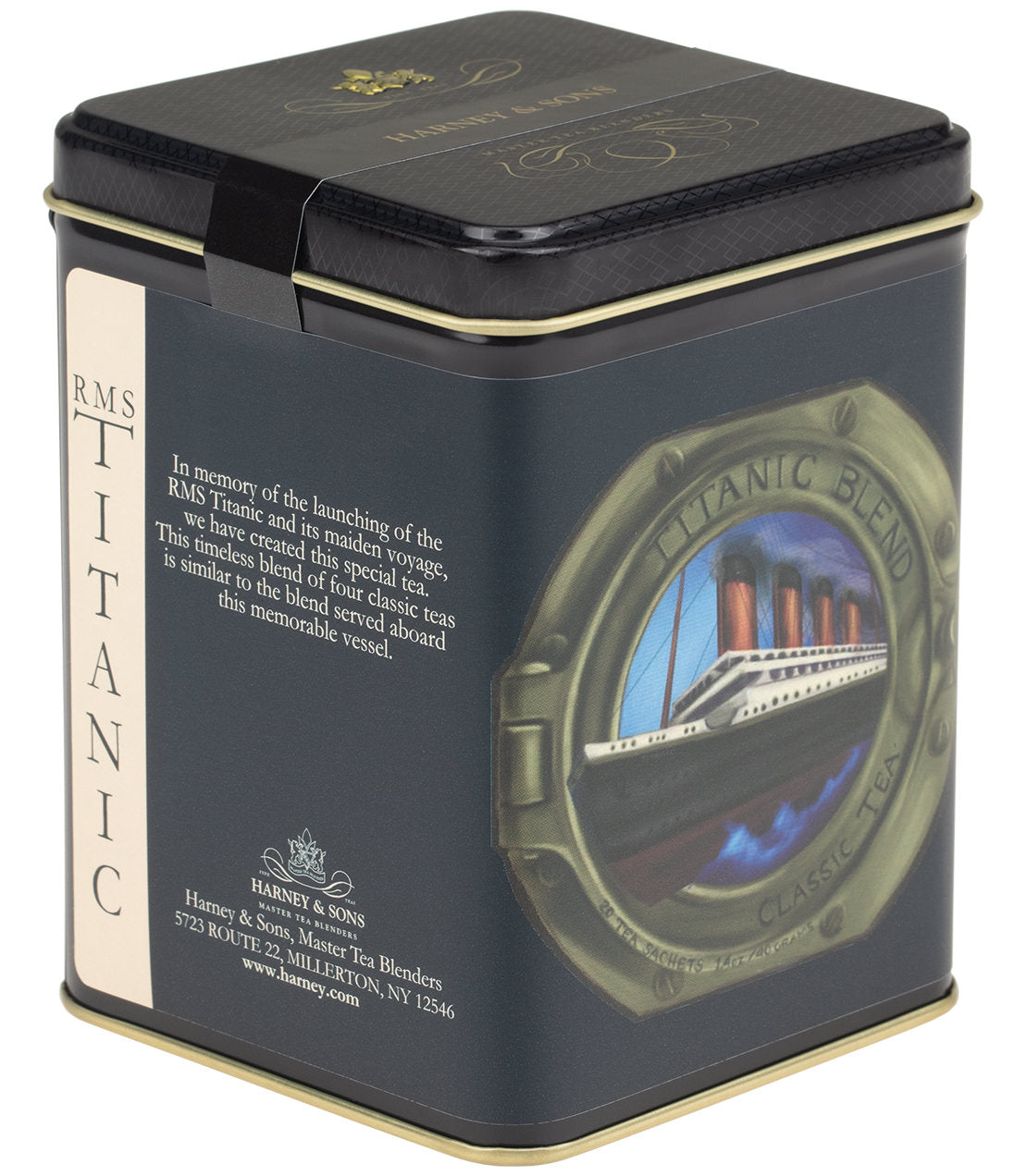 Decorative tin of RMS Titanic Blend tea, featuring a ship illustration and elegant packaging design.