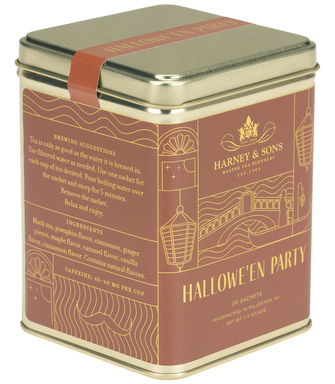 Hallowe'en Party tea tin containing 20 sachets, featuring festive design and brewing suggestions.