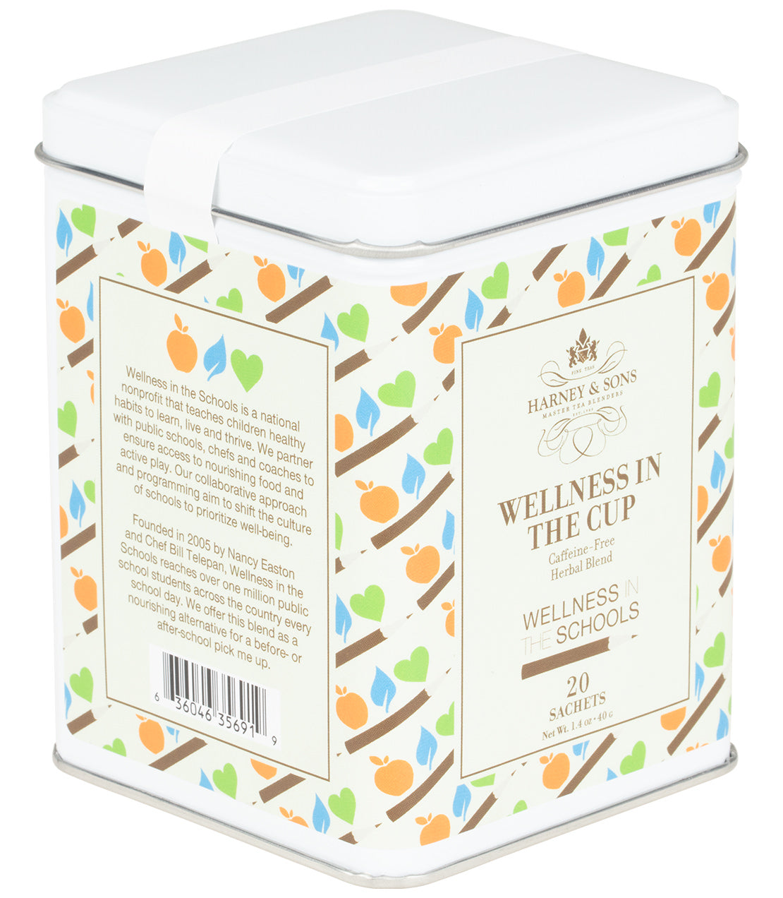Tin of 20 sachets of "Wellness in the Cup," a caffeine-free herbal blend by Harney & Sons.
