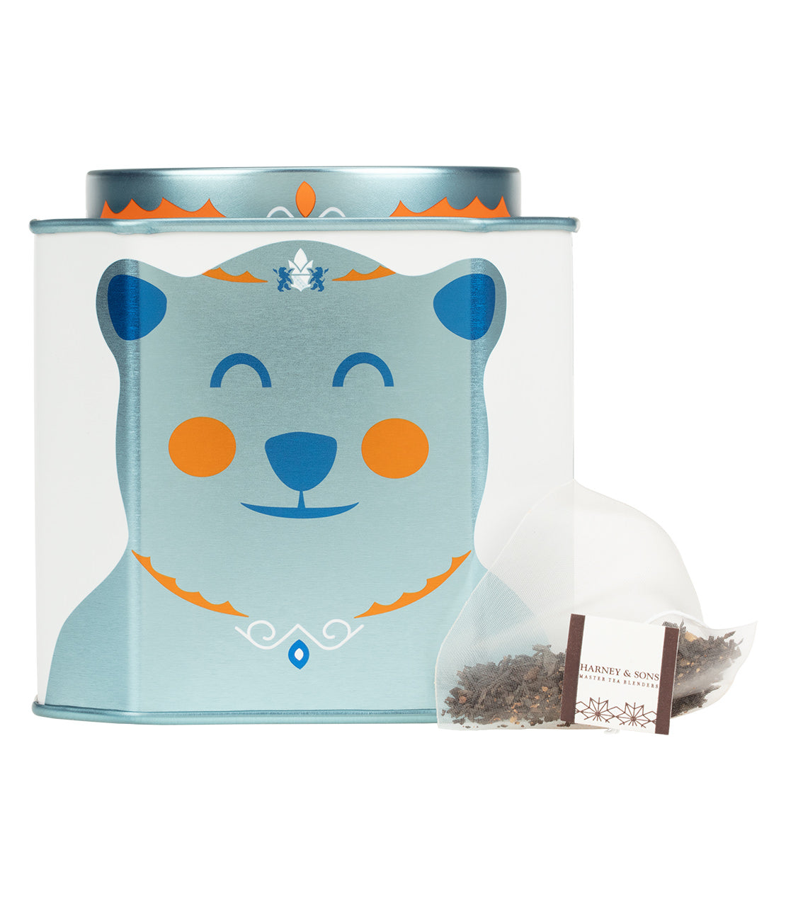 Tin of 30 Chocolate Cinnamint tea sachets featuring a cheerful bear design.