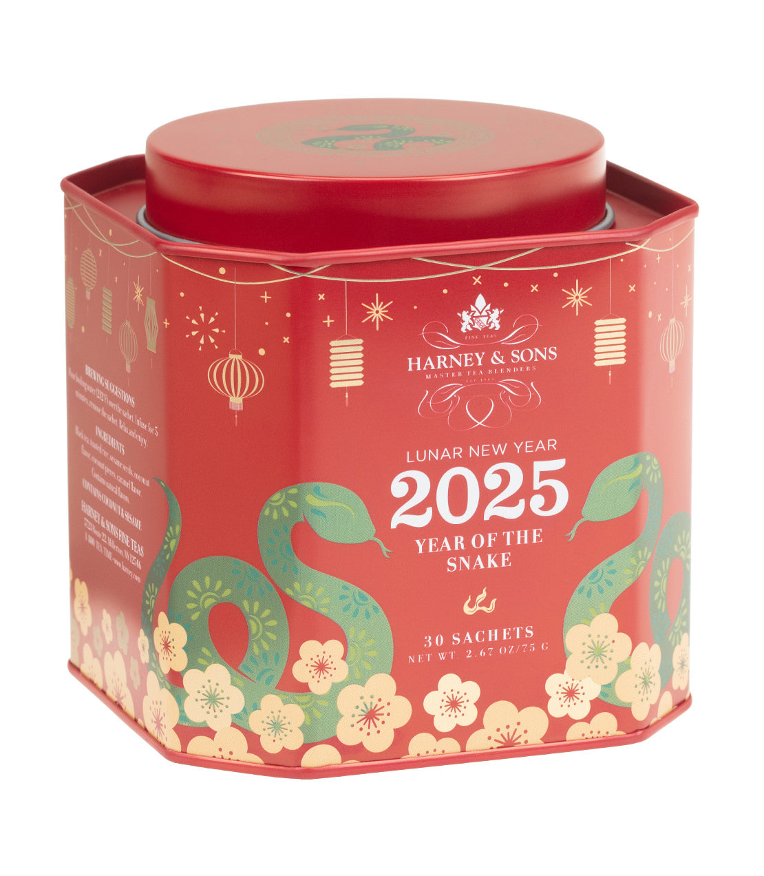 Red tin container for Lunar New Year 2025, featuring snake designs and floral accents, holds 30 tea sachets.