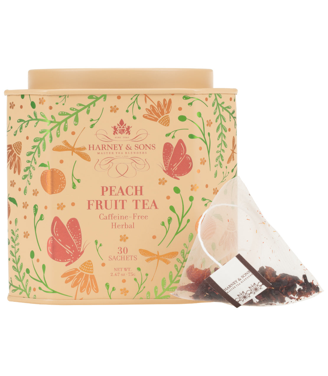 Tin of 30 sachets of Harney & Sons Peach Fruit Tea, featuring floral design and a sachet displaying tea blend.