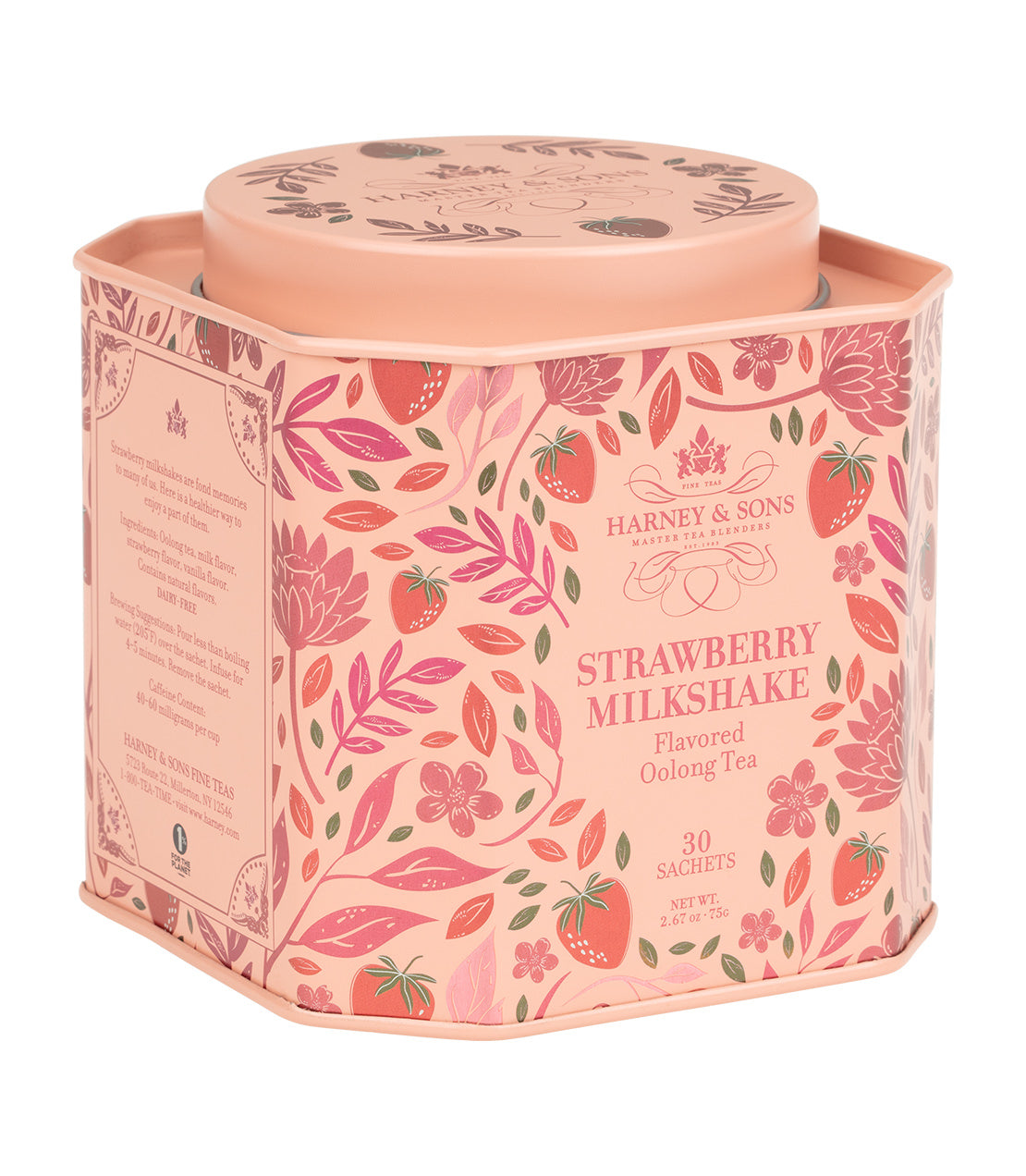 Tin of 30 sachets of Harney & Sons Strawberry Milkshake flavored oolong tea, decorated with floral and fruit designs.