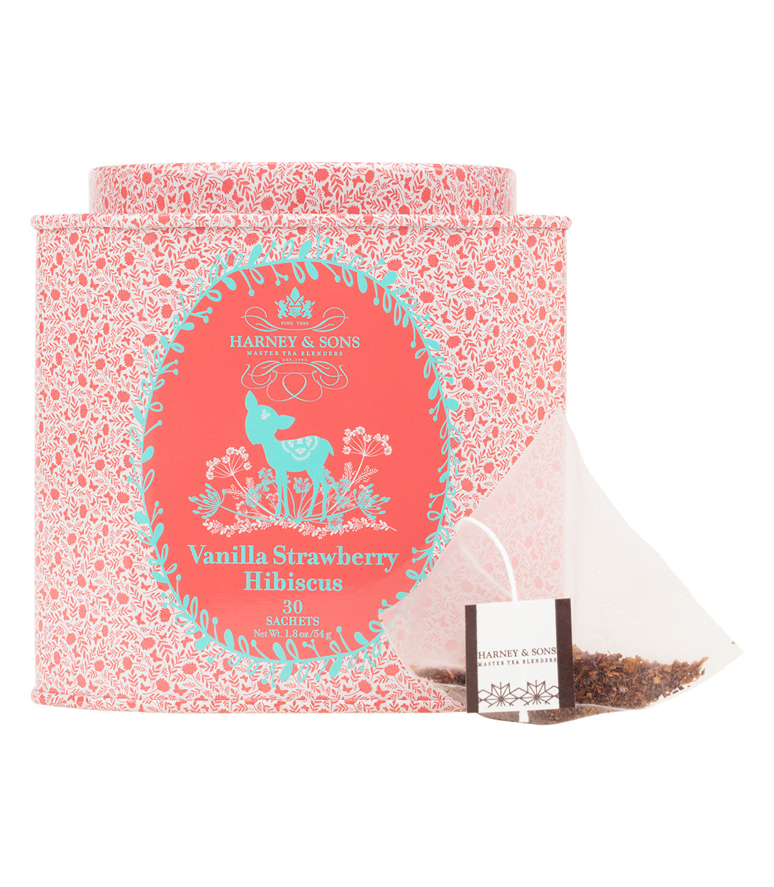 Decorative tin of 30 Vanilla Strawberry Hibiscus tea sachets by Harney & Sons, featuring floral design and sachet.