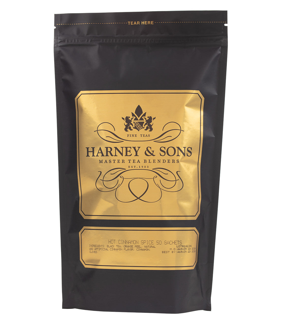 Harney & Sons Hot Cinnamon Spice tea packaging, featuring a black bag with gold accents and 50 sachets.