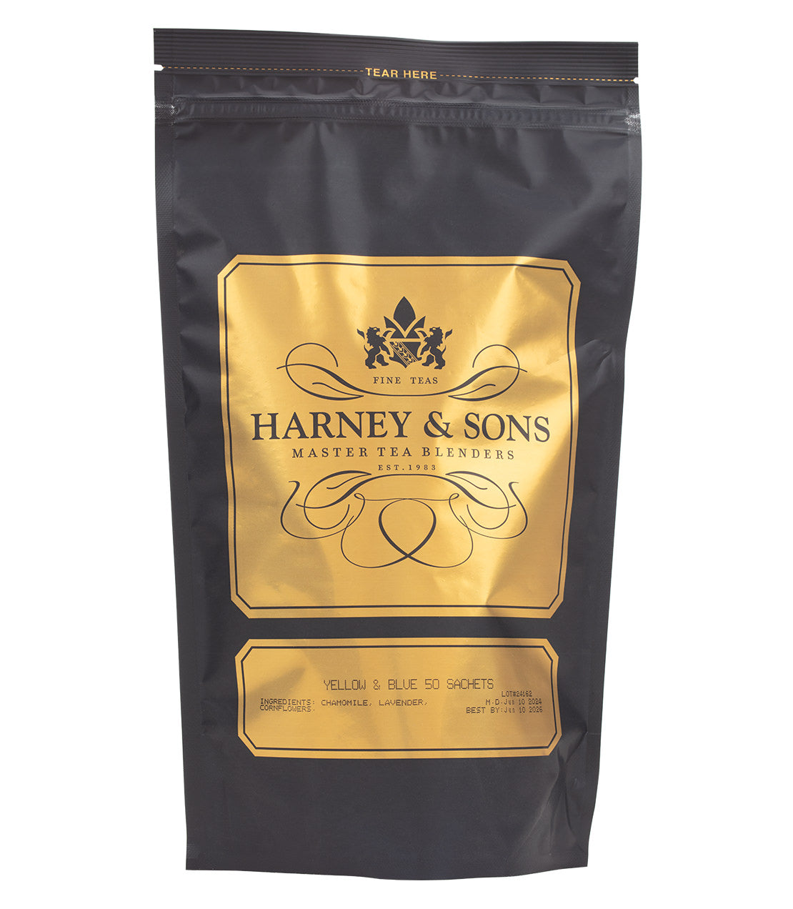 Black tea pouch featuring a gold label for Harney & Sons' Yellow & Blue tea, containing 50 sachets.
