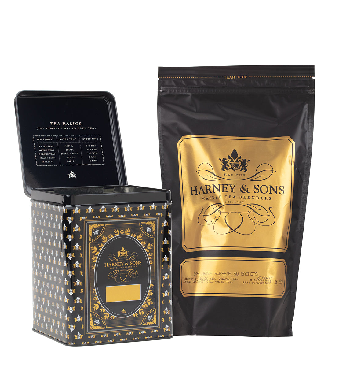 Harney & Sons Earl Grey Supreme tea bundle featuring a 50-count hinged canister and loose tea packaging.