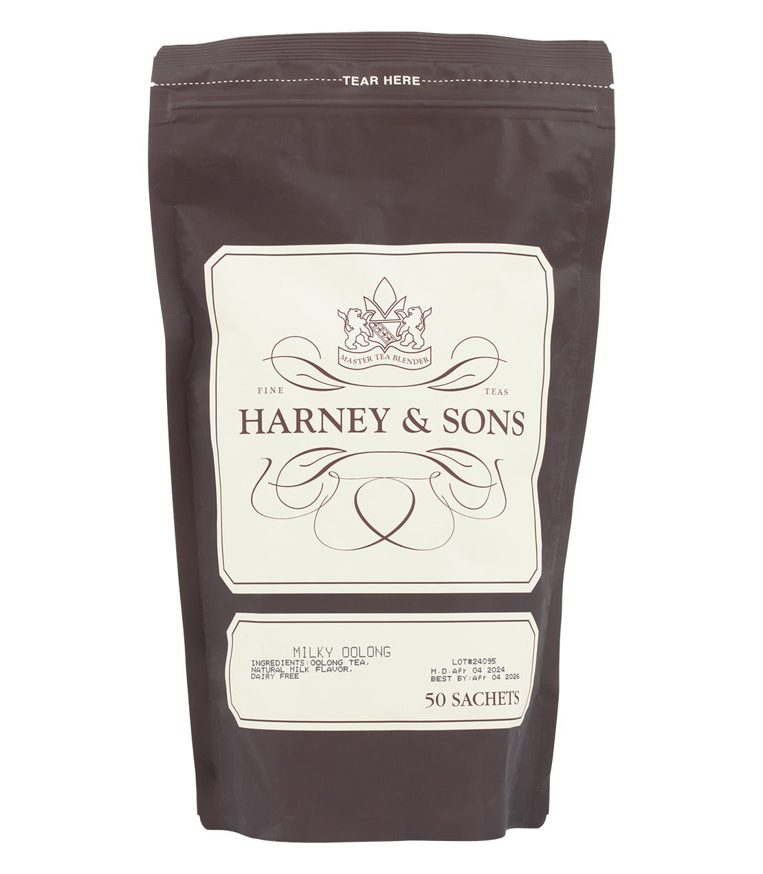 Milky Oolong tea sachets by Harney & Sons, 50-count bag, featuring elegant packaging design.