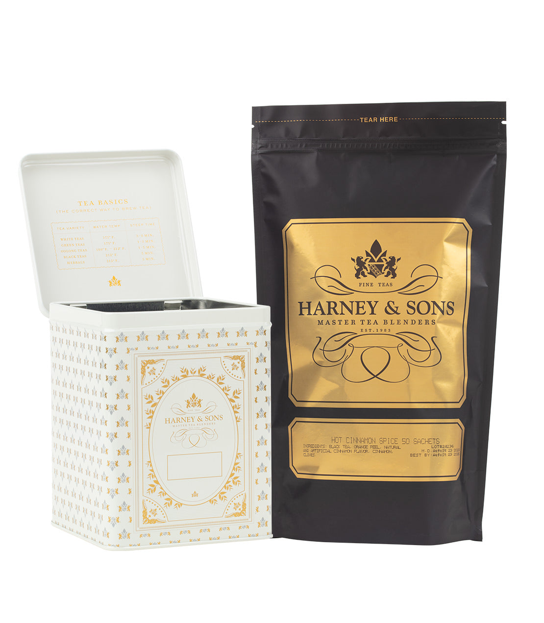 Harney & Sons 50 CT Hinged Canister Bundle featuring Hot Cinnamon Spice tea sachets in a decorative tin and bag.
