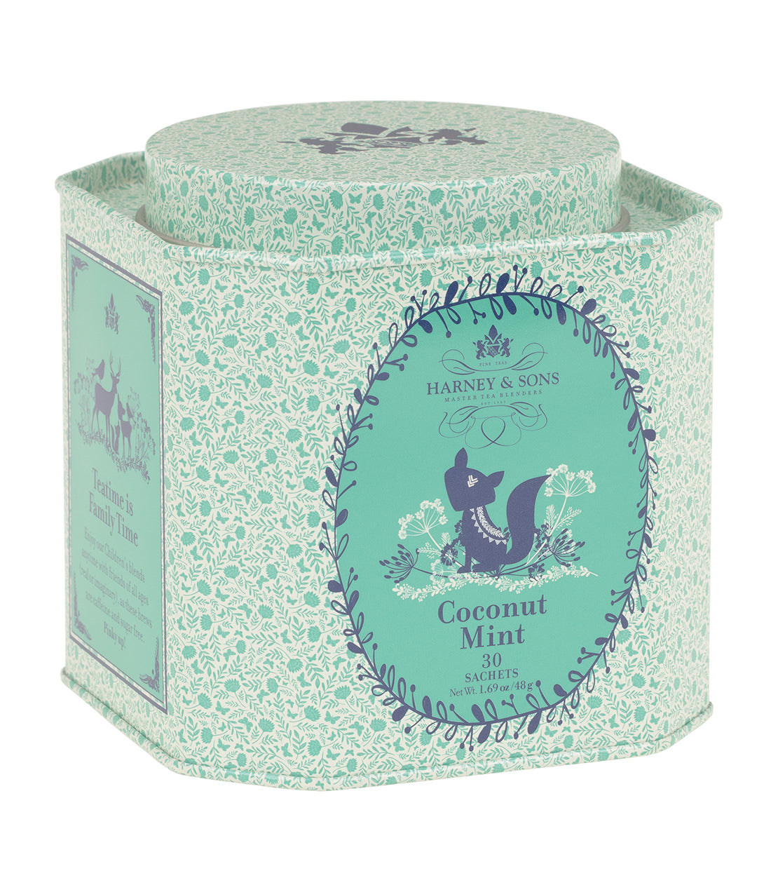 Coconut Mint tea sachets in a decorative tin, featuring 30 individual servings for a refreshing beverage experience.