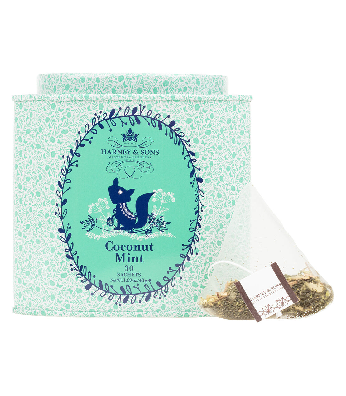 Coconut Mint tea sachets in a decorative tin, featuring 30 individual servings for a refreshing beverage experience.