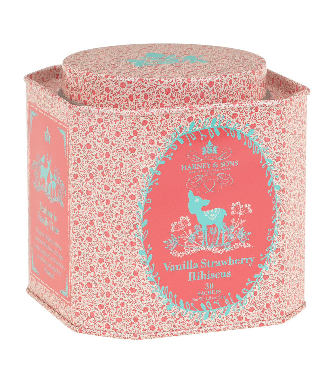 Decorative tin of 30 sachets of Vanilla Strawberry Hibiscus tea, featuring floral design and deer illustration.