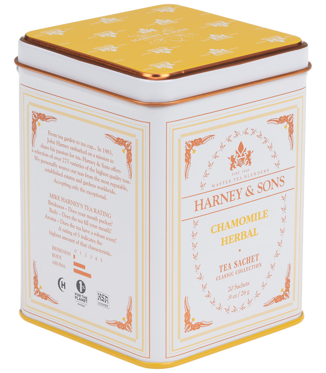 Harney & Sons chamomile herbal tea tin, featuring a classic design and containing 20 tea sachets.
