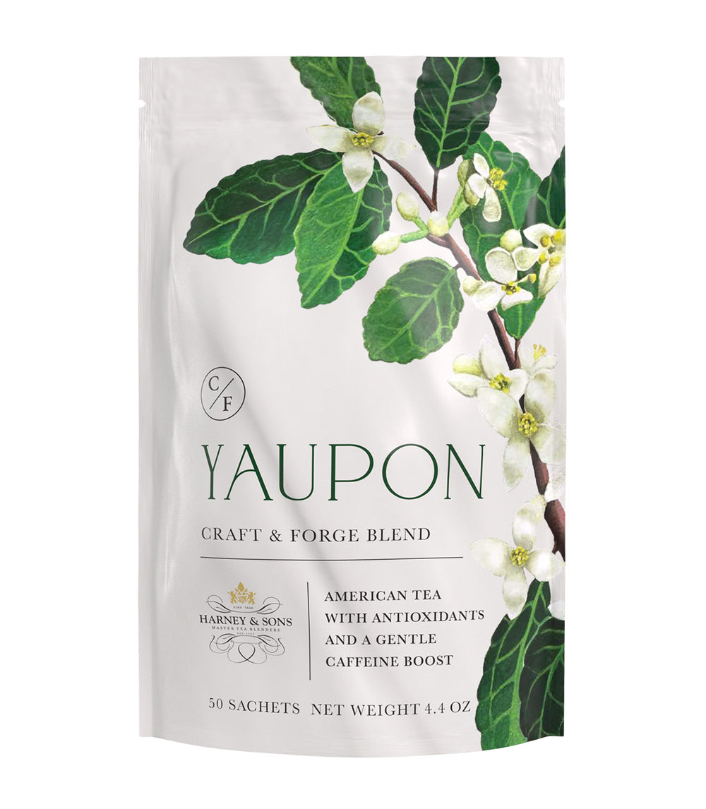 Colonial Williamsburg Craft & Forge Yaupon Tea package on a white background showing the logo, product name, and tea leaves inside a clear window.