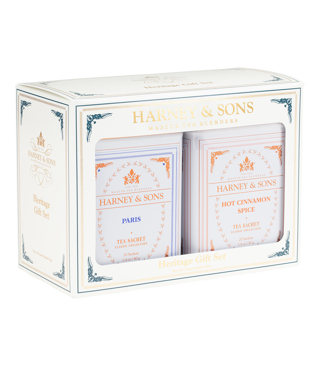Harney & Sons Heritage Gift Set Classic featuring Paris and Hot Cinnamon Spice tea sachets in a decorative box.