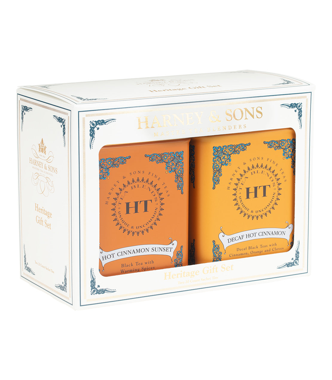 Heritage Gift Set HT by Harney & Sons featuring Hot Cinnamon Sunset and Decaf Hot Cinnamon tea boxes.