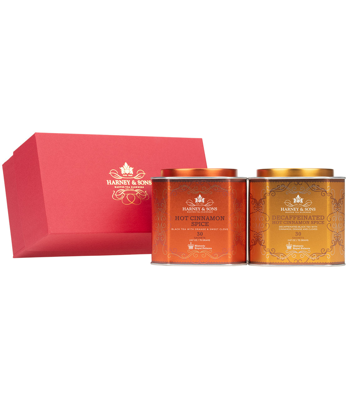 Harney & Sons Hot Cinnamon Day & Night Gift set featuring two tea tins in a red gift box.