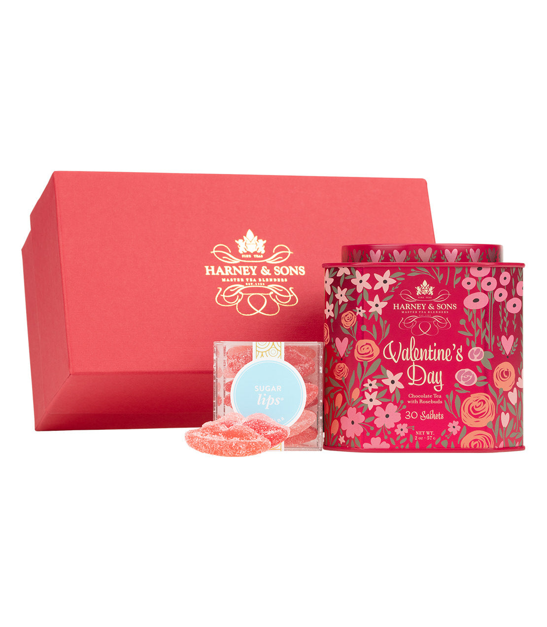 Valentine's Day gift set featuring a decorative box, tea tin, and sugar lips candy. Perfect for loved ones.
