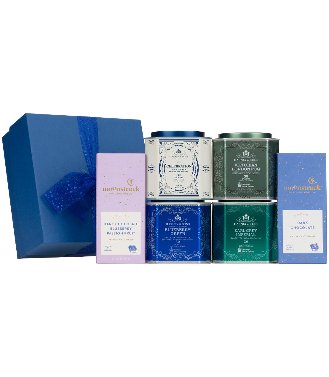 "Winter Blues Gift set featuring assorted teas and dark chocolates in a blue gift box with a ribbon.