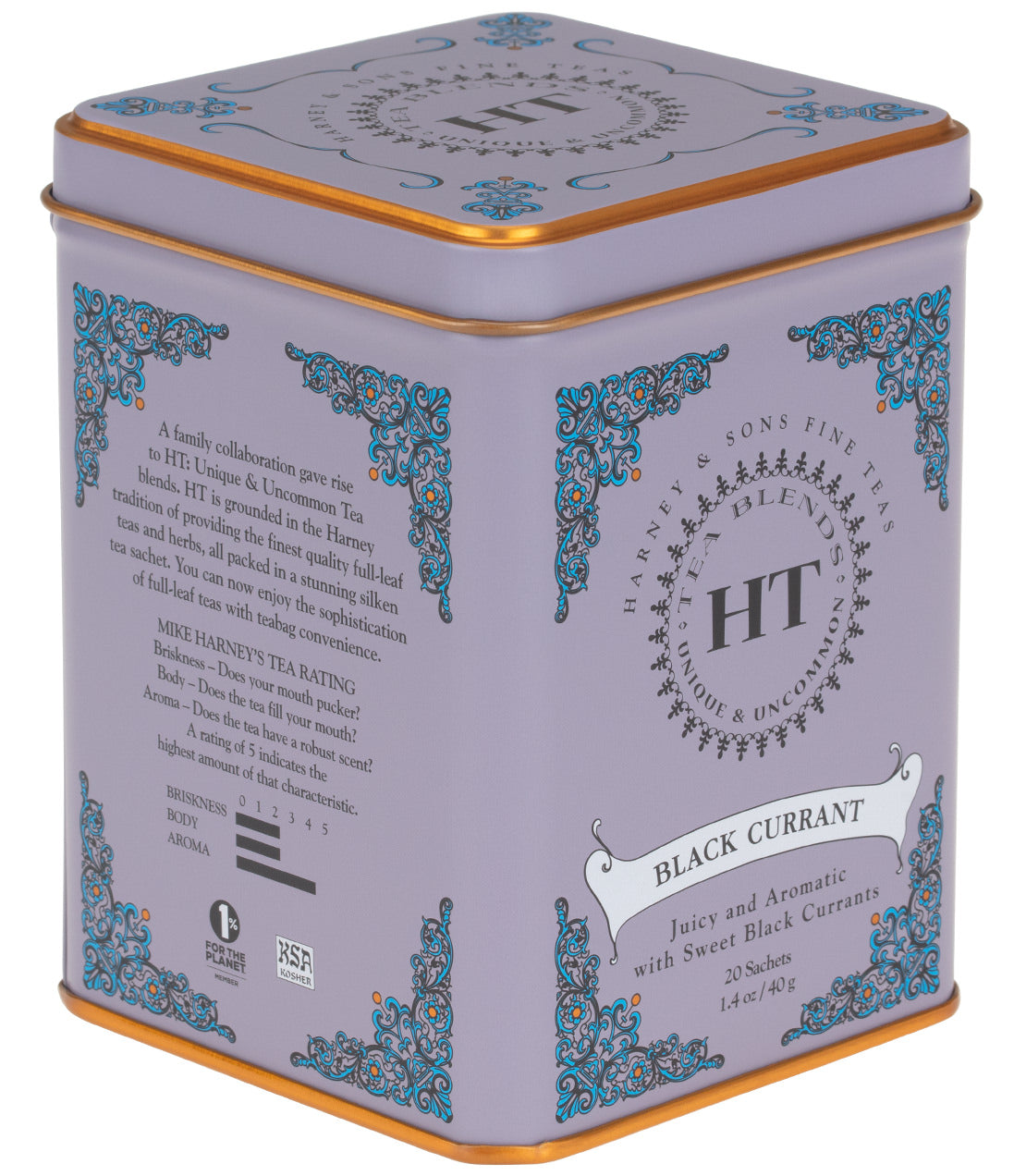 Black Currant tea tin featuring 20 sachets, designed with elegant blue and gold accents.