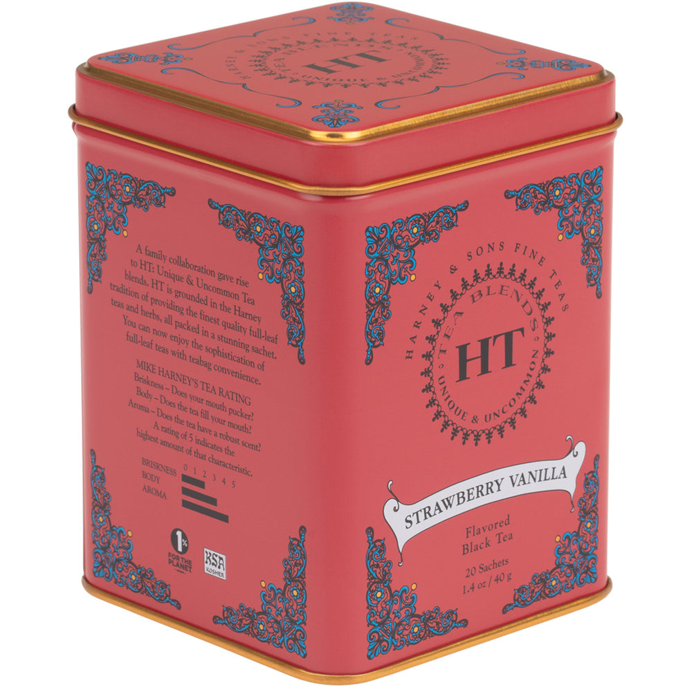 Strawberry Vanilla HT tin containing 20 sachets of flavored black tea, featuring vibrant packaging design.
