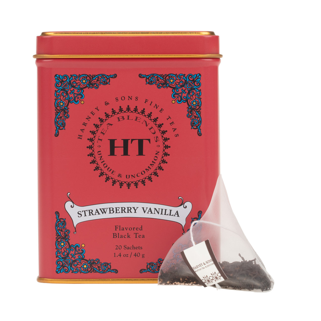 Red tin of Strawberry Vanilla flavored black tea sachets, containing 20 individual tea bags.