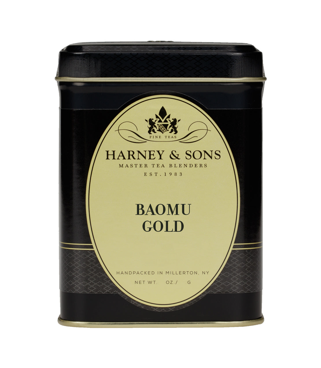 Harney & Sons BaoMu Gold tea tin, featuring elegant black and gold design, 3 oz. capacity, handpacked in NY.