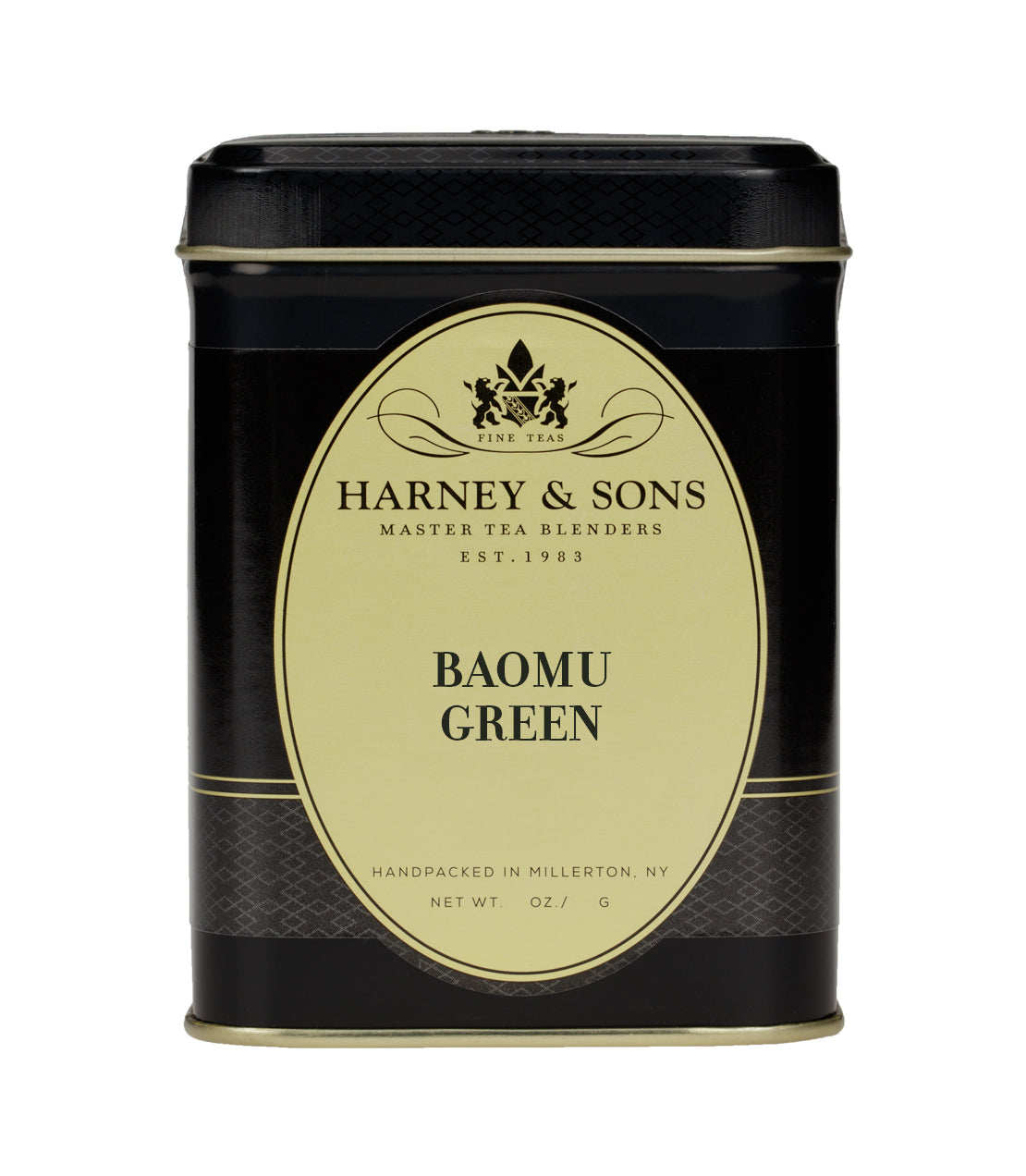Harney & Sons BaoMu Green tea tin, featuring a black and gold design, labeled with product details.