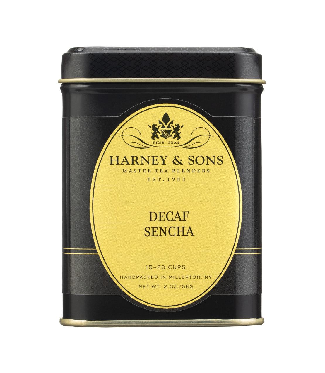 Black tin of Harney & Sons Decaf Sencha tea, 8 oz, handpacked in Millerton, NY, brews 15-20 cups.